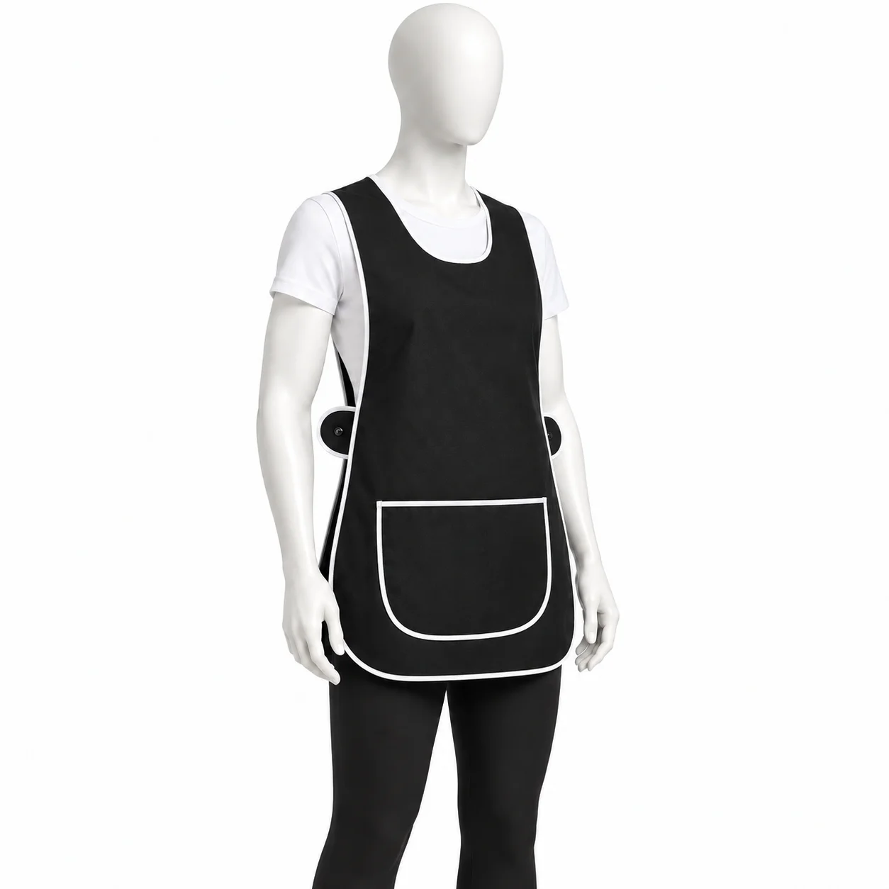 Black Tabard Apron with white piping and large pocket Black Tabard Apron with white piping and large pocket
