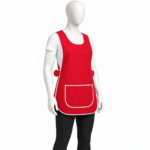 Red Tabard Apron with white piping and large front pocket on mannequin