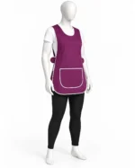 Purple tabard apron in bulk with white trim and front pocket