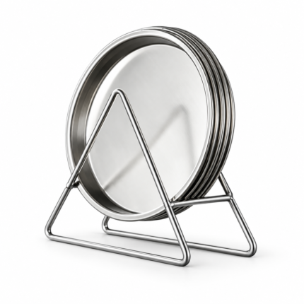 One set of a round stainless steel dinner plates with plates holder Silver.