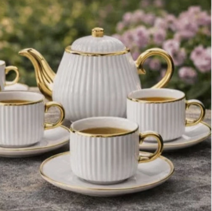 White Ribbed Ceramic Tea Set