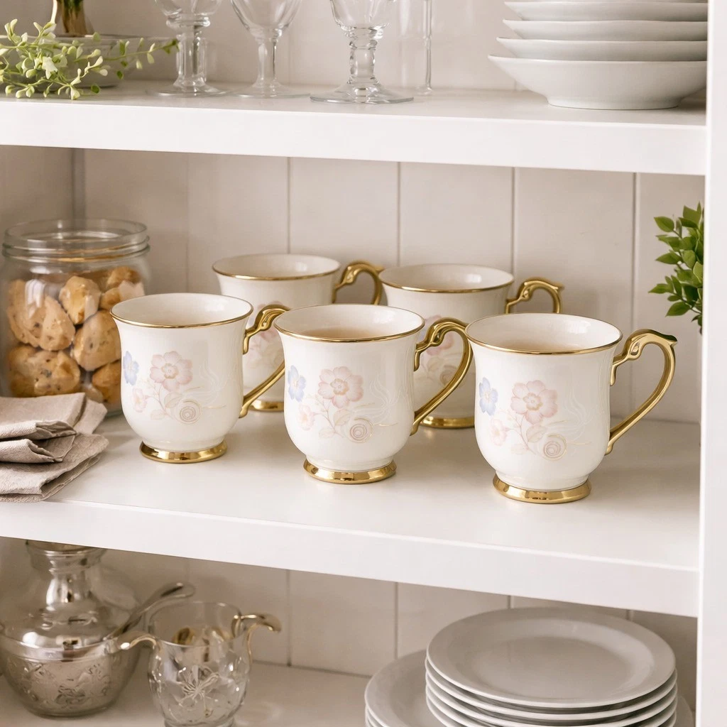 Floral tea cup set with six ceramic cups and gold-tone stand