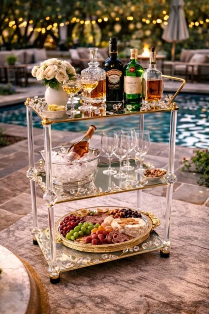 gold bar cart trolley with 3 tier mirrored shelves and wheels