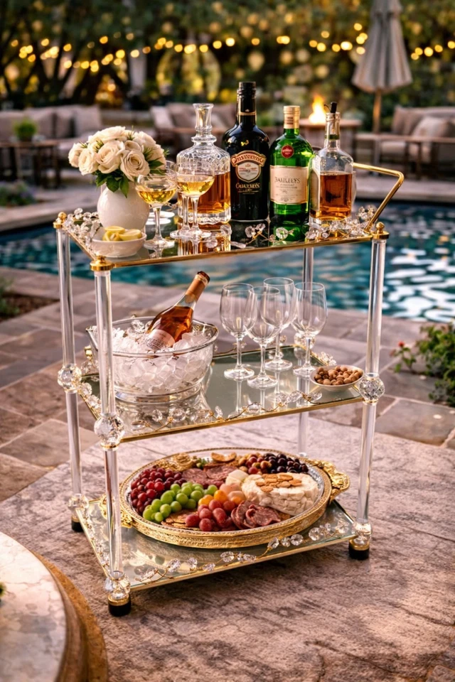 gold bar cart trolley with 3 tier mirrored shelves and wheels