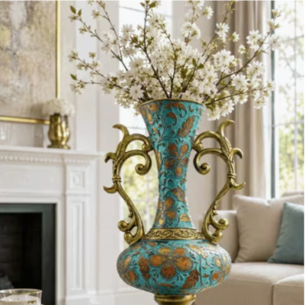 Turquoise Gold Floral Vase