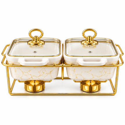 Luxury Set of 3 Ceramic Bowls with Stand (Stainless Steel) & Glass Lid Serving Set
