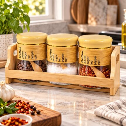 Set of 3 Spice Jars with Wooden Rack