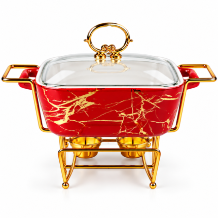28cm Square Casserole Dish with Warmer – Luxury Red & Gold Food Serving Pot with Lid, Gold Metal Stand & Candle Holders, Elegant Buffet Food Warmer for Dining, Parties & Special Occasions