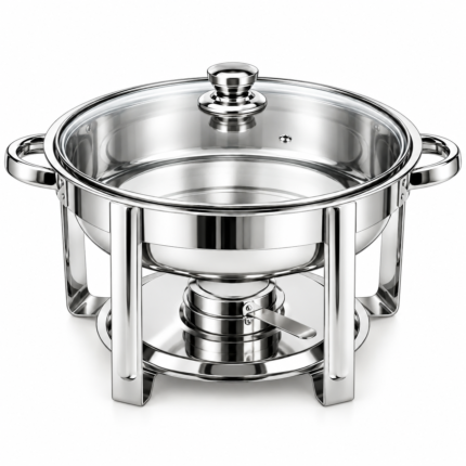 3.5L Stainless Steel Round Chafing Dish with Glass Lid – Buffet Food Warmer Serving Dish with Stand, Handles & Fuel Holder for Catering, Parties, Weddings, Restaurants & Home Dining
