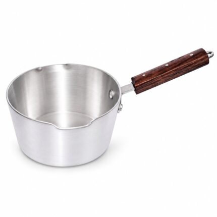 Saucepan with Wooden Handle – Premium Silver Metal Milk Pan with Pouring Spout, Deep Round Cooking Pot, Long Wood-Effect Handle & Hanging Loop for Warming Milk, Sauces, Soup, Gravy & Everyday Kitchen Cooking