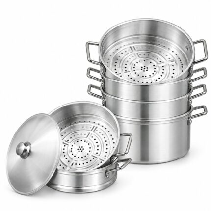 Stainless Steel Steamer Pot Set – Luxury Premium Multi-Tier Food Steamer with Stackable Perforated Steaming Baskets, Deep Round Cooking Pot, Double Side Handles & Matching Metal Lid for Vegetables, Dumplings, Fish, Rice Dishes & Healthy Steam Cooking