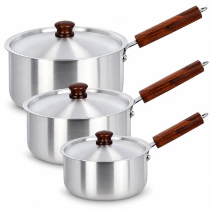 Saucepan Set with Wooden Handles – Luxury Premium 3 Piece Silver Metal Cooking Pot Set with Matching Lids, Deep Round Milk Pans, Long Brown Wooden-Style Handles, 2L, 2.5L & 3.5L Saucepans for Milk, Soups, Sauces, Gravy, Boiling & Everyday Kitchen Cooking