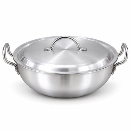 Aluminium Round Karahi with Lid – Luxury Premium Deep Traditional Cooking Kadai with Double Side Handles, Durable Silver Metal Finish, Even Heat Distribution for Curry, Biryani, Rice, Stir-Frying, Stewing & Everyday Family Kitchen Cooking