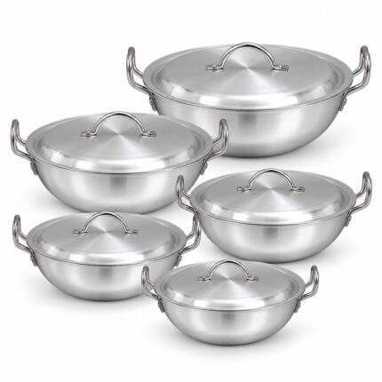 Round Karahi Set with Lids – Luxury Premium 5 Piece Deep Round Cooking Kadai & Traditional Casserole Pot Set with Matching Domed Metal Covers, Double Side Handles, Silver Finish for Curry, Biryani, Rice, Stews, Simmering & Everyday Family Cooking – 2.5L t