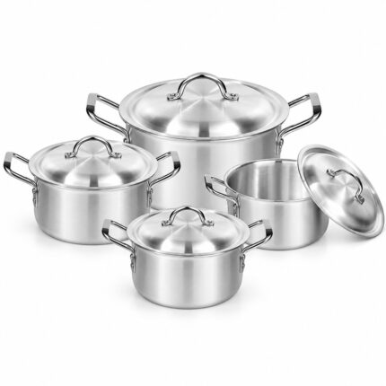 Cooking Pot Set with Lids – Luxury Premium 4 Piece Silver Metal Cookware Set with Deep Round Casserole Pots, Matching Domed Lids, Strong Double Side Handles, Traditional Stockpots for Rice, Curry, Soups, Stews, Boiling & Everyday Family Kitchen Cooking –