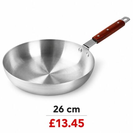 Wok Pan with Wooden Handle – Luxury Premium Deep Round Silver Metal Cooking Wok, Traditional Stir Fry Pan with Long Brown Wood-Effect Handle, Smooth Brushed Metal Interior & Hanging Loop for Stir-Frying, Curry, Vegetables, Noodles & Everyday Kitchen Cooki