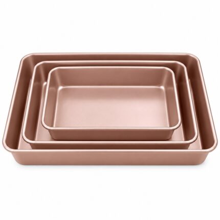 Luxury Rose Gold Rectangular Baking Tray Set of 3 – Premium Deep Metal Cake Baking Tins, Nesting Rectangular Oven Bakeware Pans with Smooth Coated Interior, Rounded Corners & Reinforced Rolled Rims for Brownies, Sponge Cakes, Lasagne, Roasting, Desserts &