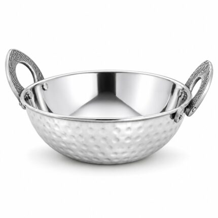 15cm Stainless Steel Round Karahi Double Wall Hammered Serving Bowl with 2 Decorative Handles – Traditional Indian Pakistani Curry Dish, Silver Metal Food Serving Kadai for Restaurants, Catering & Home Dining