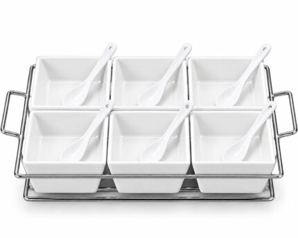 13 Piece Square Serving Bowl Set with Spoons & Metal Rack – 6 White Condiment Bowls, 6 Serving Spoons & Silver Holder, Buffet Salad Toppings, Sauces, Dips & Appetiser Serving Set