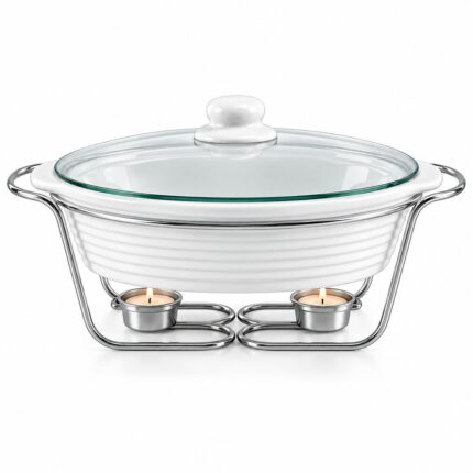 15 Inch Oval Casserole Dish with Warmer & Glass Lid – White Porcelain Baking and Serving Dish with Stainless Steel Style Stand, 2 Tealight Candle Holders, Elegant Buffet Food Warmer